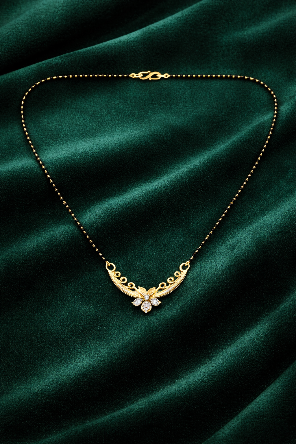 Gold-Plated Traditional Mangalsutra with American Diamond Floral Pendant and Black Beaded Chain for Women
