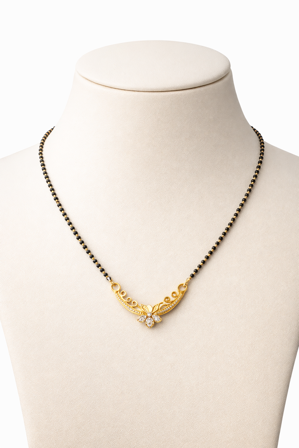 Gold-Plated Traditional Mangalsutra with American Diamond Floral Pendant and Black Beaded Chain for Women