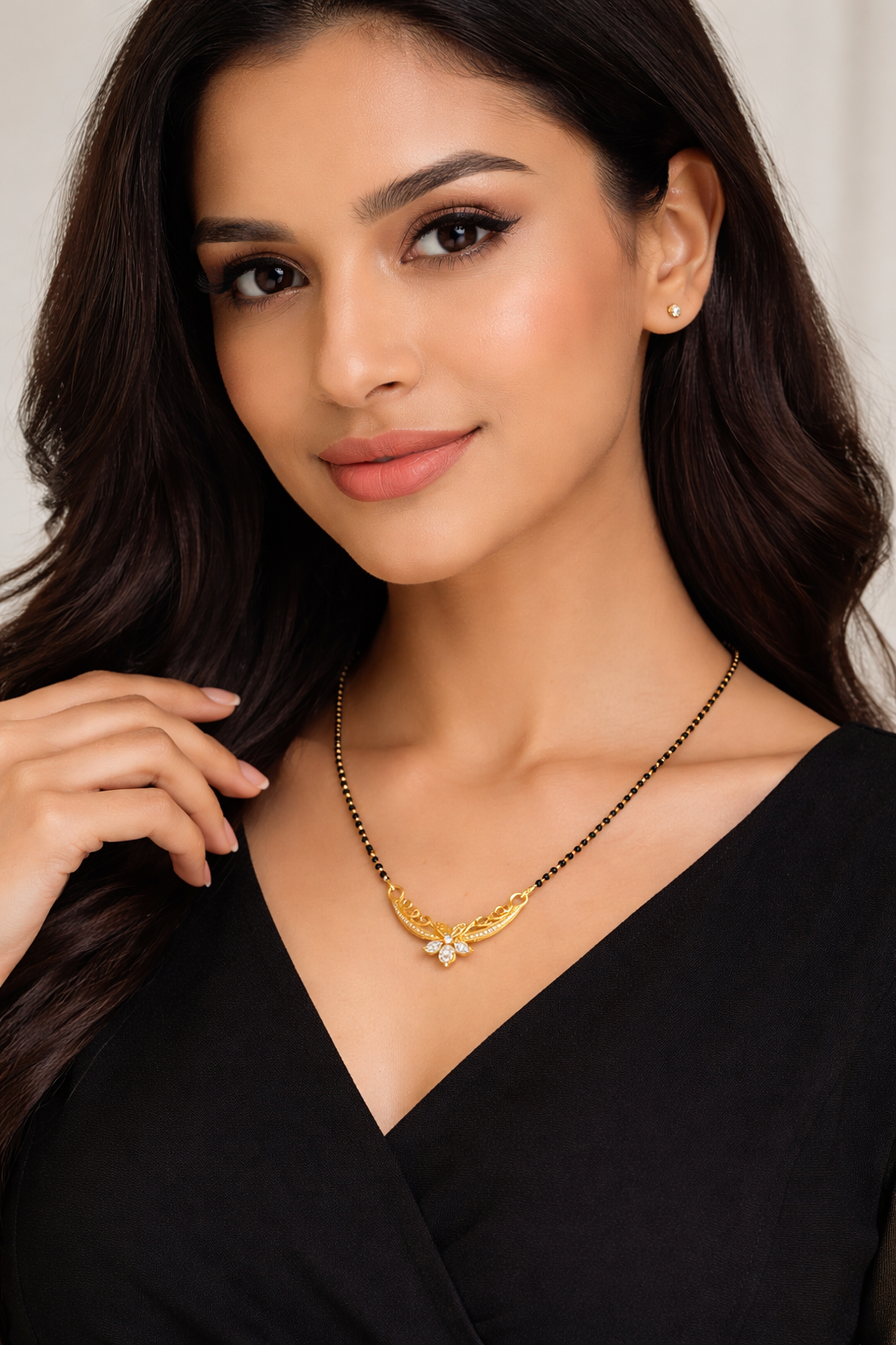 Gold-Plated Traditional Mangalsutra with American Diamond Floral Pendant and Black Beaded Chain for Women