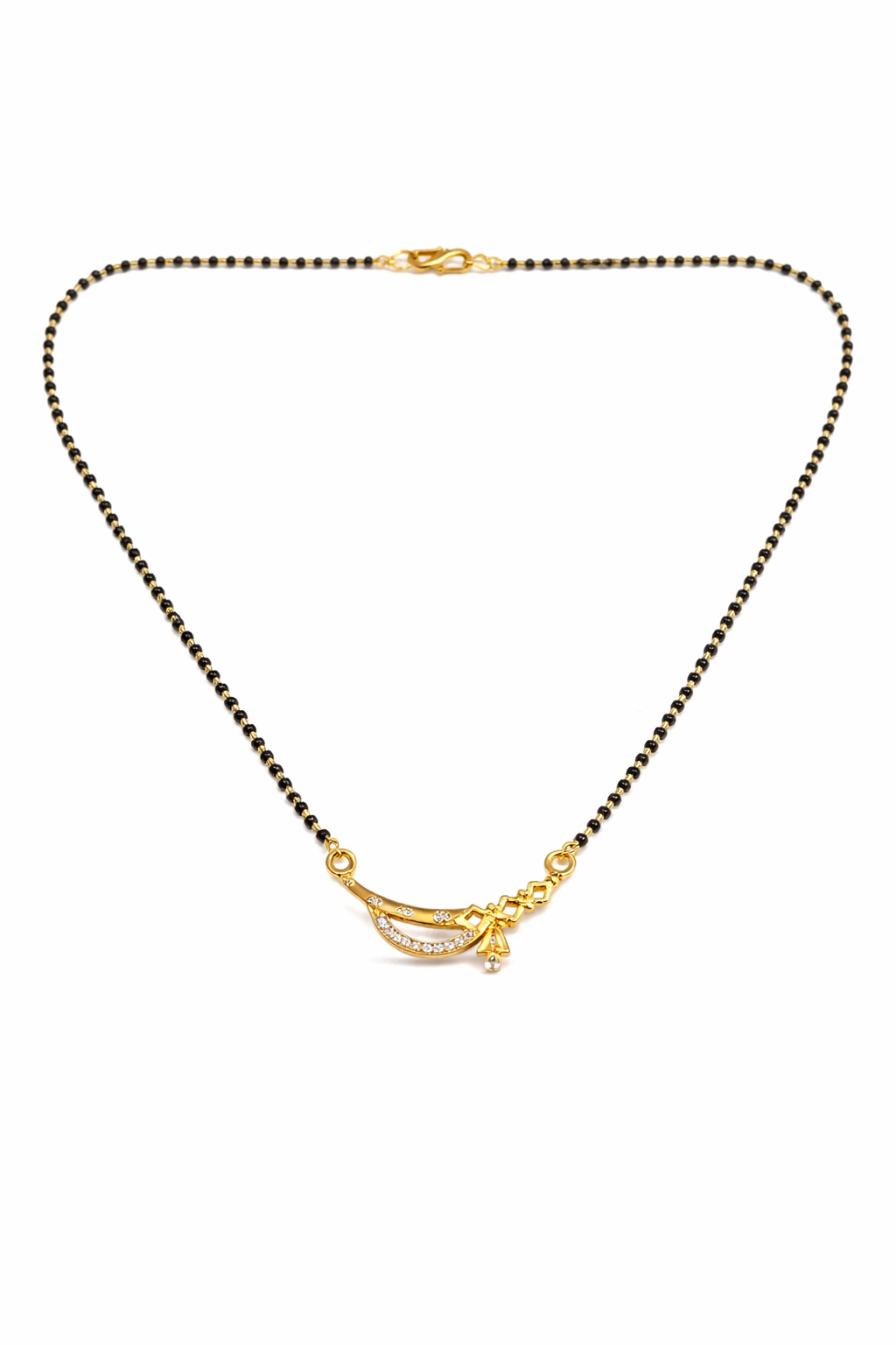 Gold-Plated Traditional Mangalsutra with American Diamond Curved Pendant and Black Beaded Chain for Women