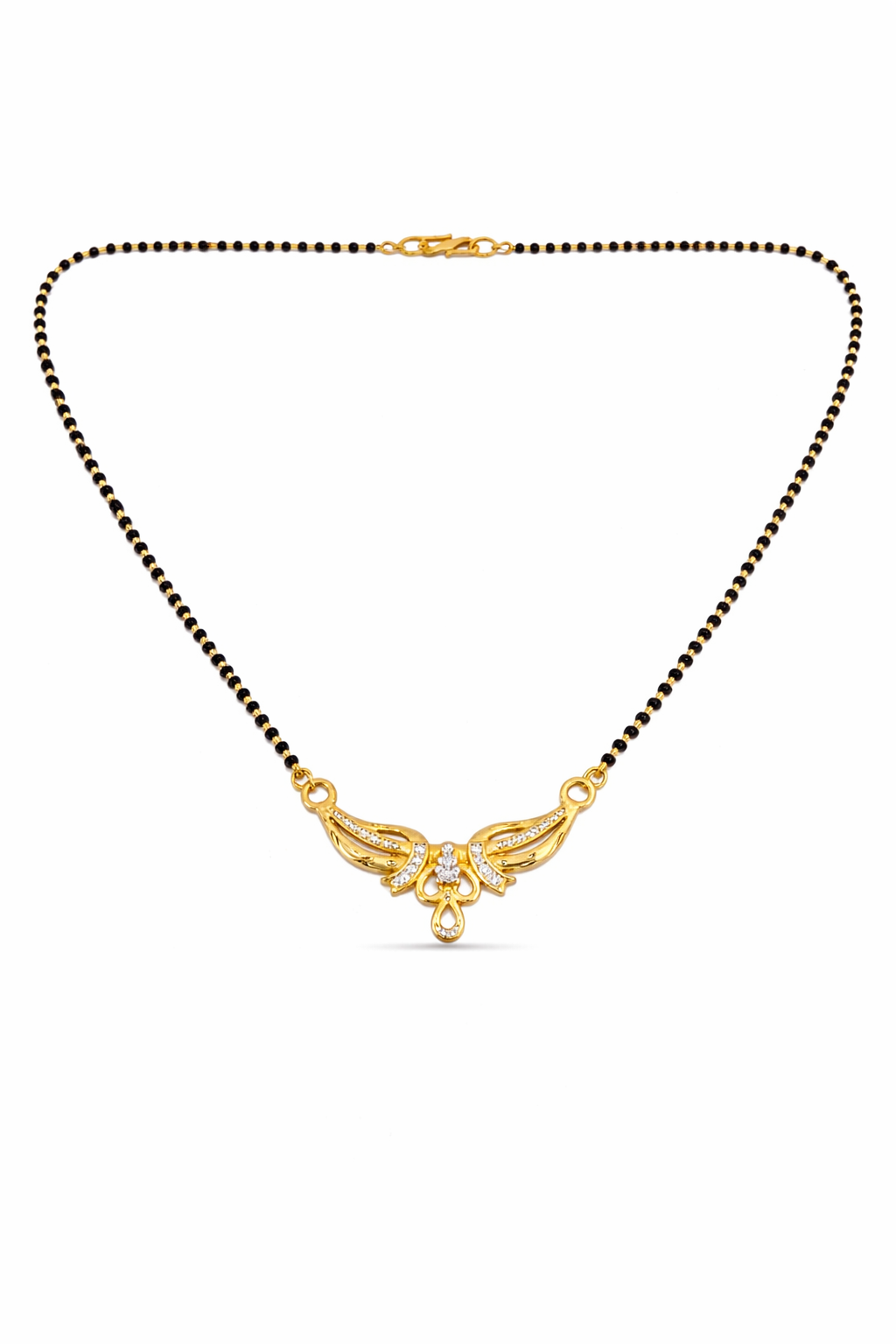 Gold-Plated Traditional Mangalsutra with American Diamond Floral Pendant and Black Beaded Chain for Women