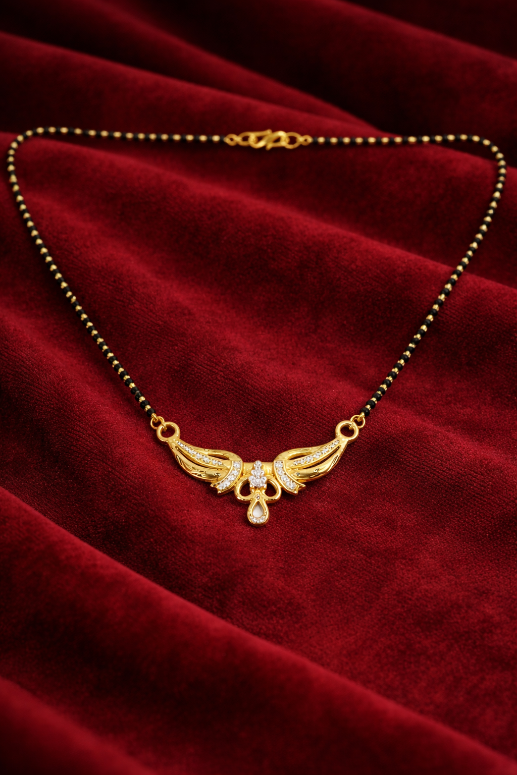 Gold-Plated Traditional Mangalsutra with American Diamond Floral Pendant and Black Beaded Chain for Women