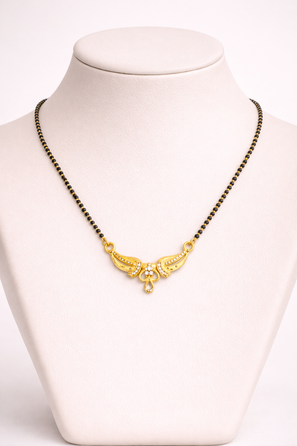 Gold-Plated Traditional Mangalsutra with American Diamond Floral Pendant and Black Beaded Chain for Women