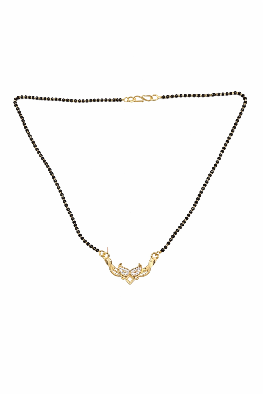 Gold-Plated Traditional Mangalsutra with American Diamond Heart Floral Pendant and Black Beaded Chain for Women