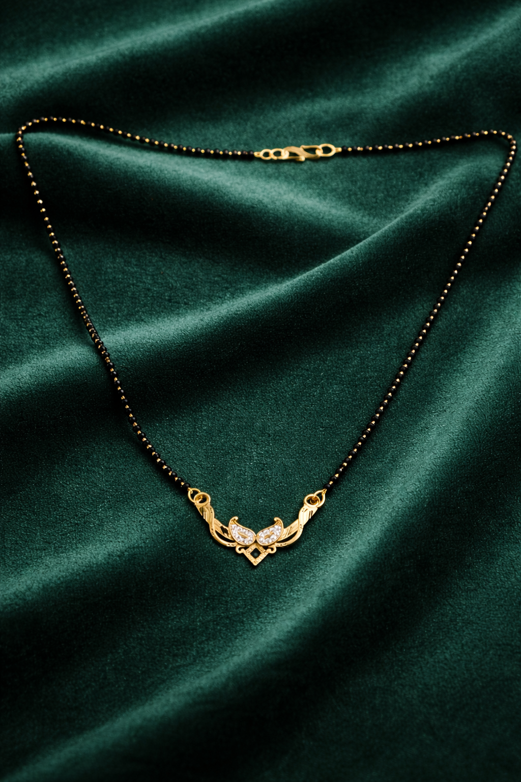 Gold-Plated Traditional Mangalsutra with American Diamond Heart Floral Pendant and Black Beaded Chain for Women