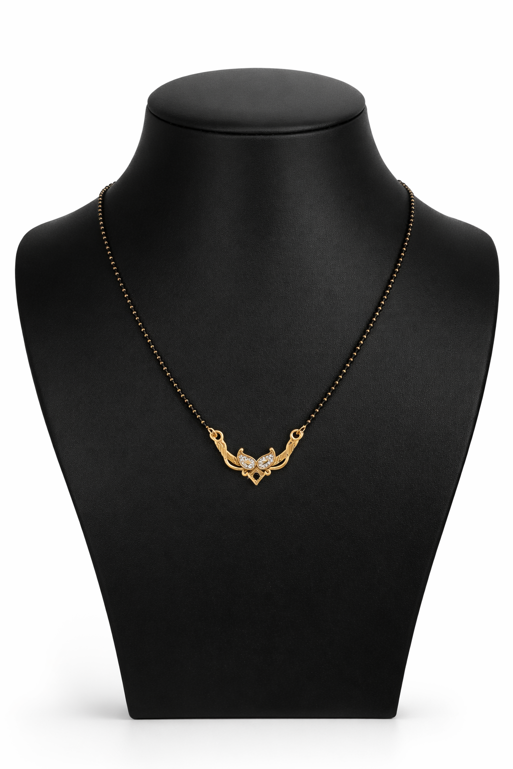 Gold-Plated Traditional Mangalsutra with American Diamond Heart Floral Pendant and Black Beaded Chain for Women