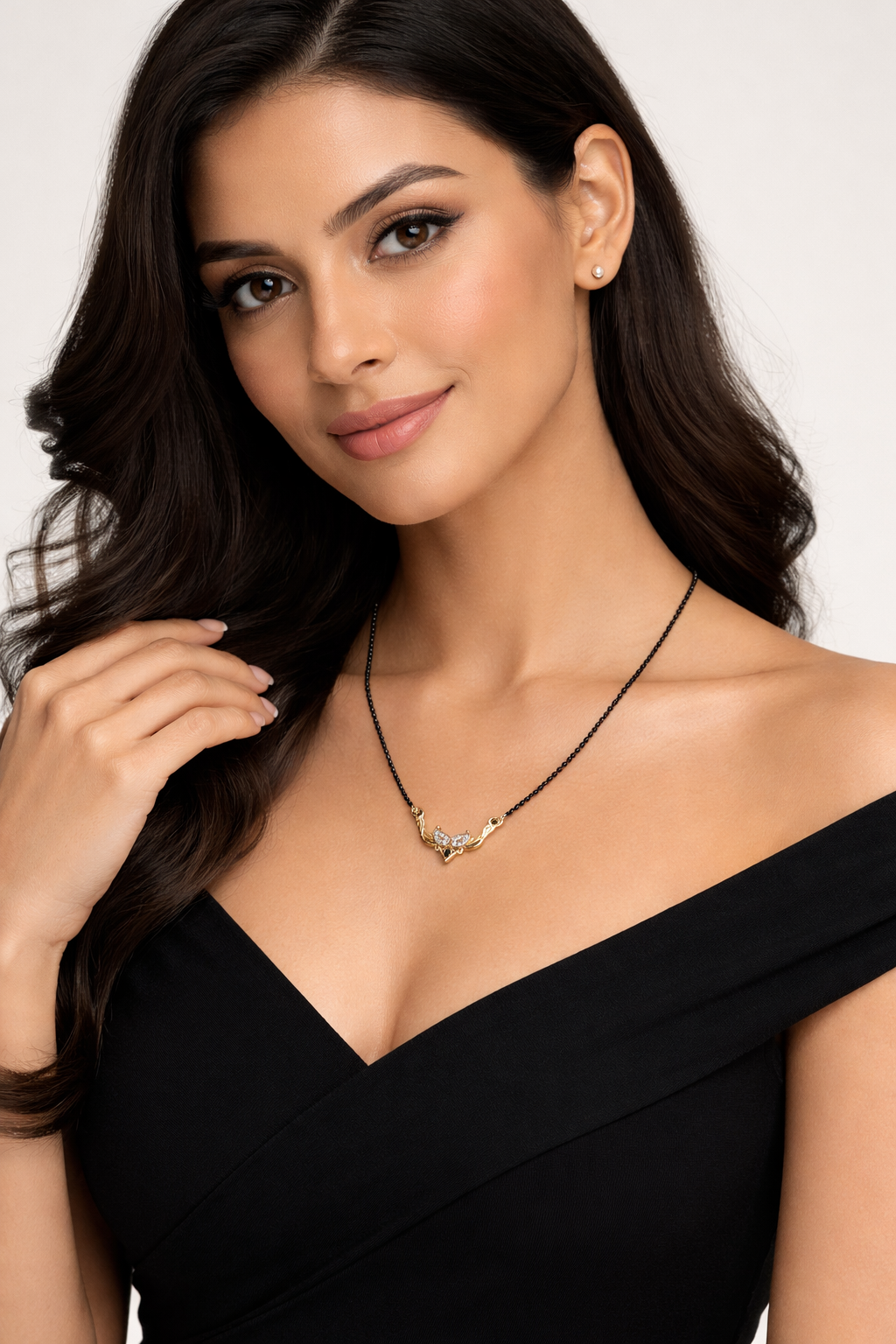 Gold-Plated Traditional Mangalsutra with American Diamond Heart Floral Pendant and Black Beaded Chain for Women