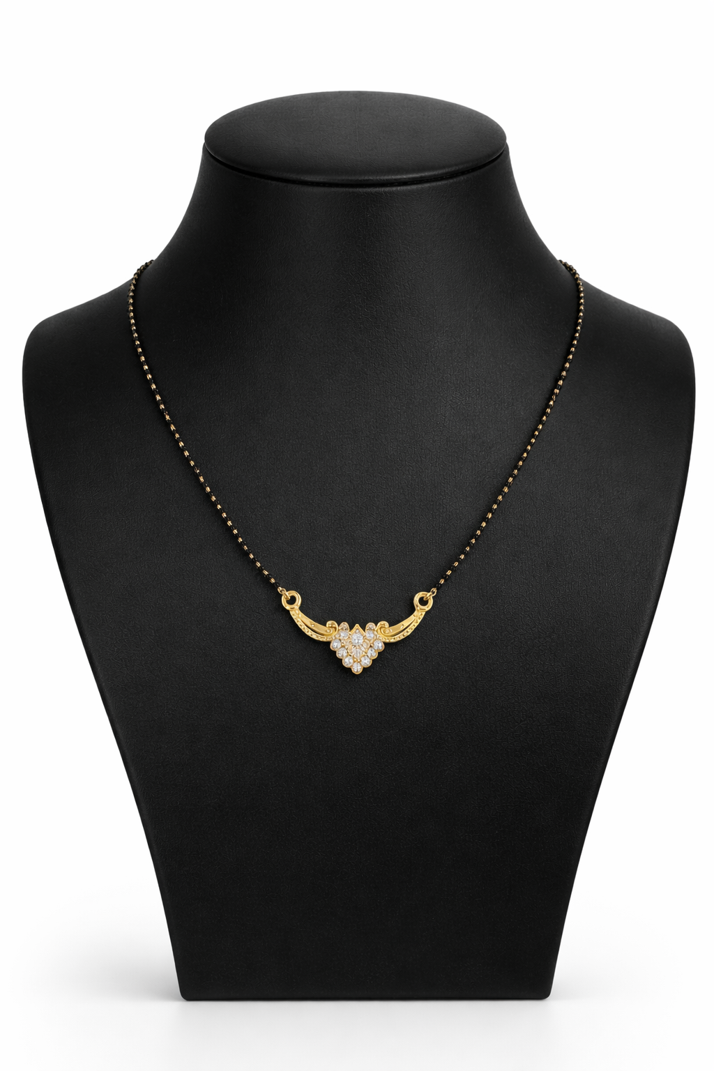 Gold-Plated Traditional Mangalsutra with American Diamond Cluster Pendant and Black Beaded Chain for Women