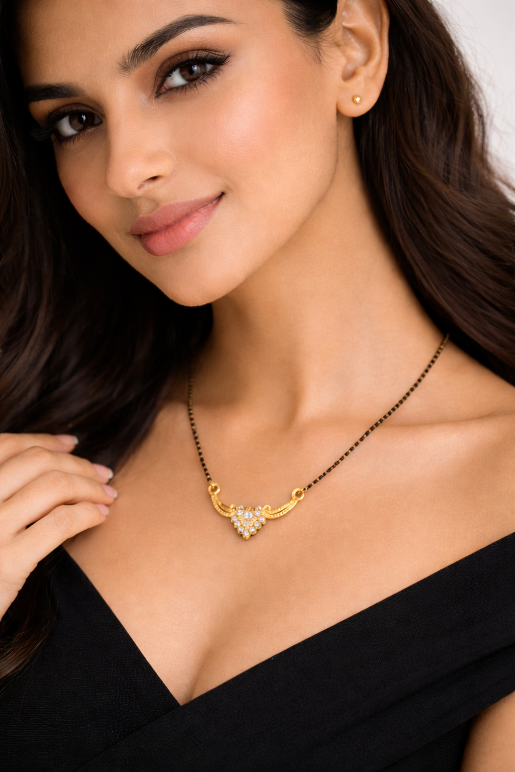 Gold-Plated Traditional Mangalsutra with American Diamond Cluster Pendant and Black Beaded Chain for Women