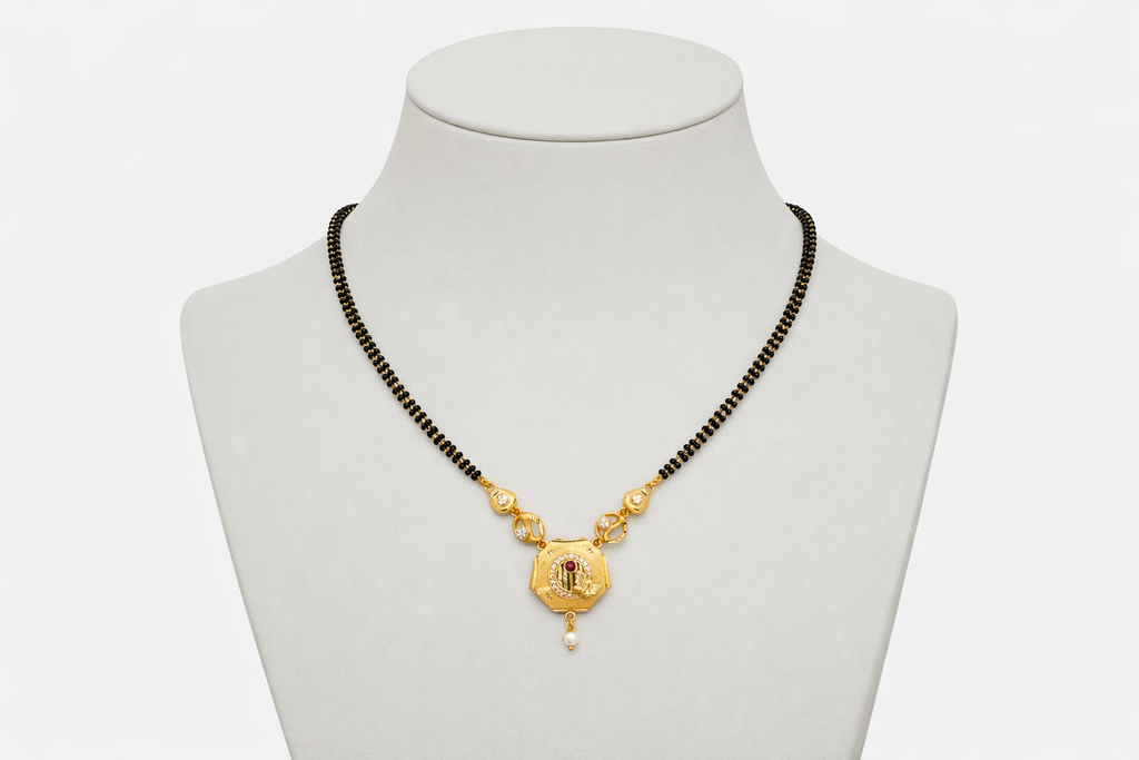 Gold-Plated Traditional Mangalsutra with American Diamonds, Black Beads and Pearl Drop for Women