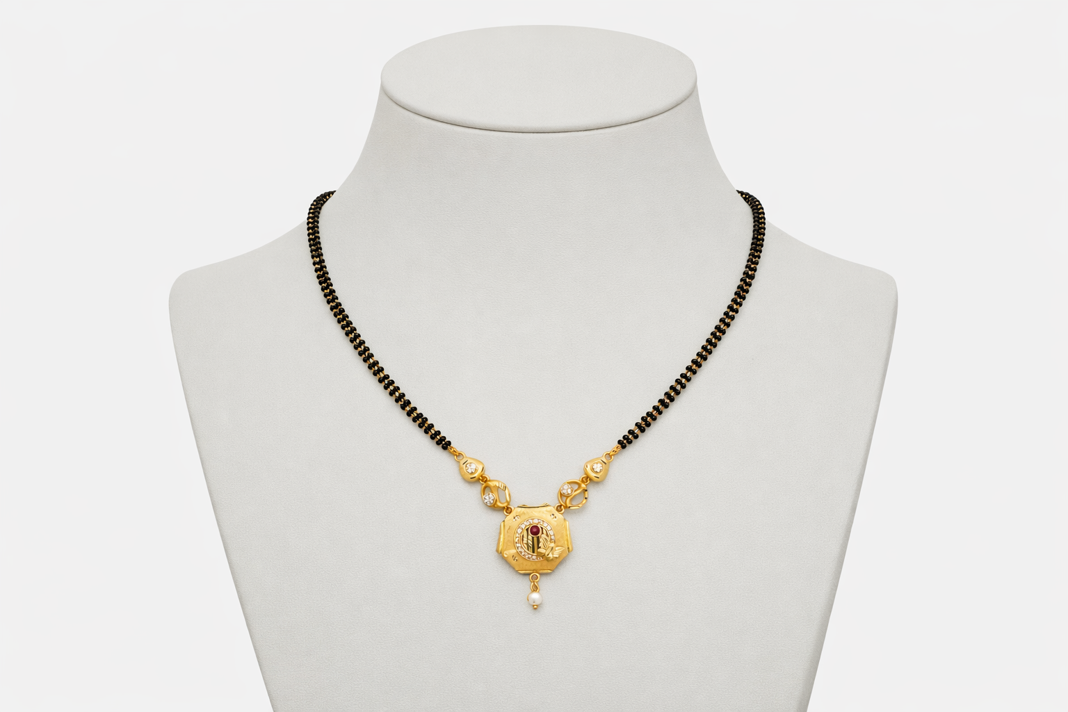Gold-Plated Traditional Mangalsutra with American Diamonds, Black Beads and Pearl Drop for Women
