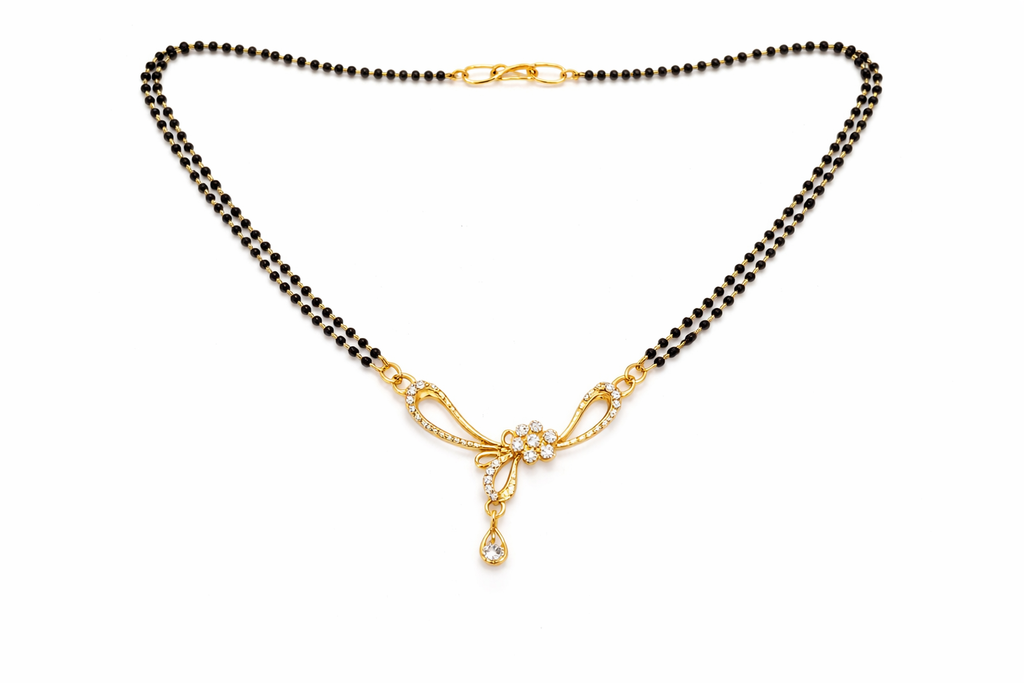 Gold-Plated Double Chain CZ Floral Mangalsutra with Teardrop Pendant for Women