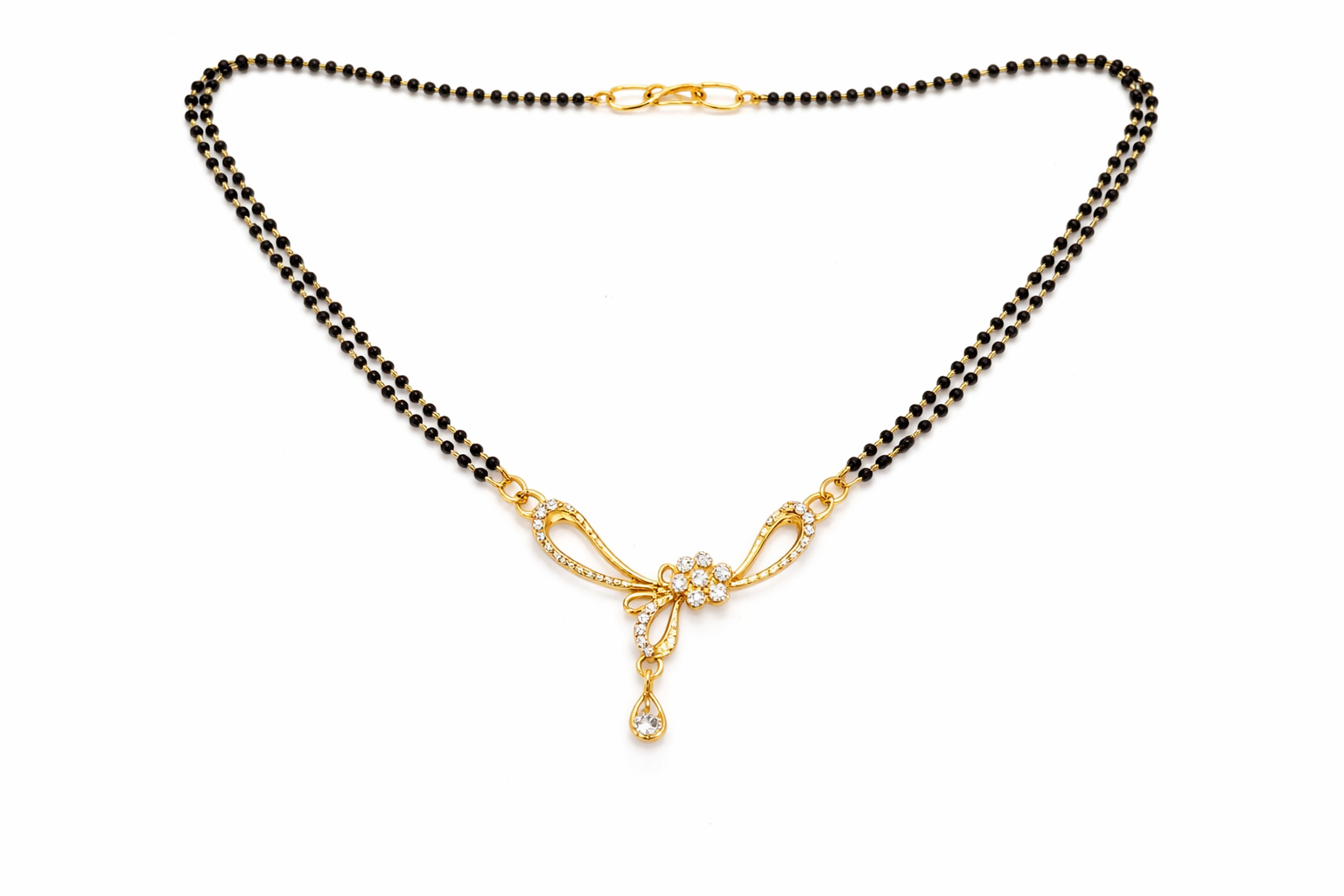 Gold-Plated Double Chain CZ Floral Mangalsutra with Teardrop Pendant for Women