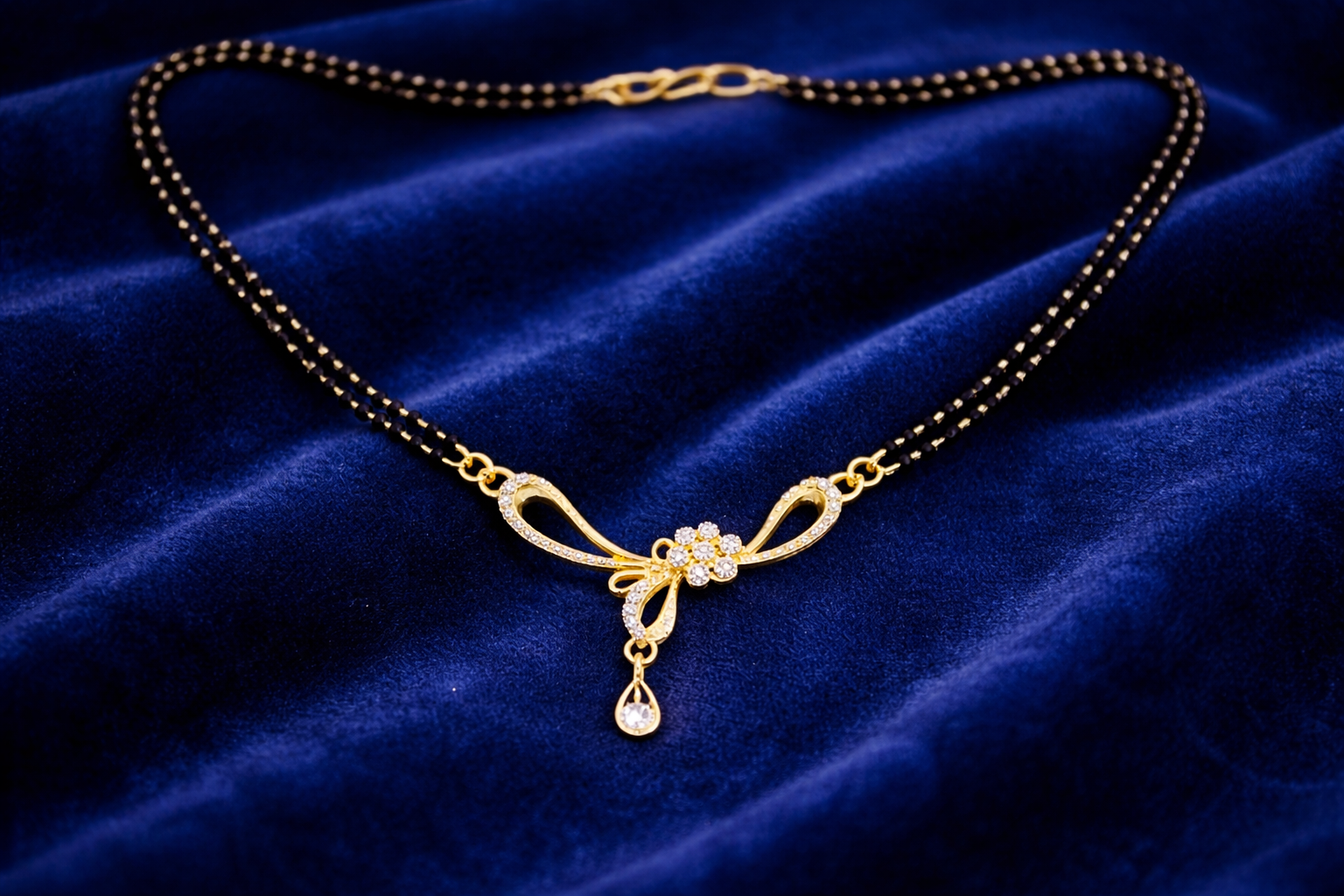 Gold-Plated Double Chain CZ Floral Mangalsutra with Teardrop Pendant for Women