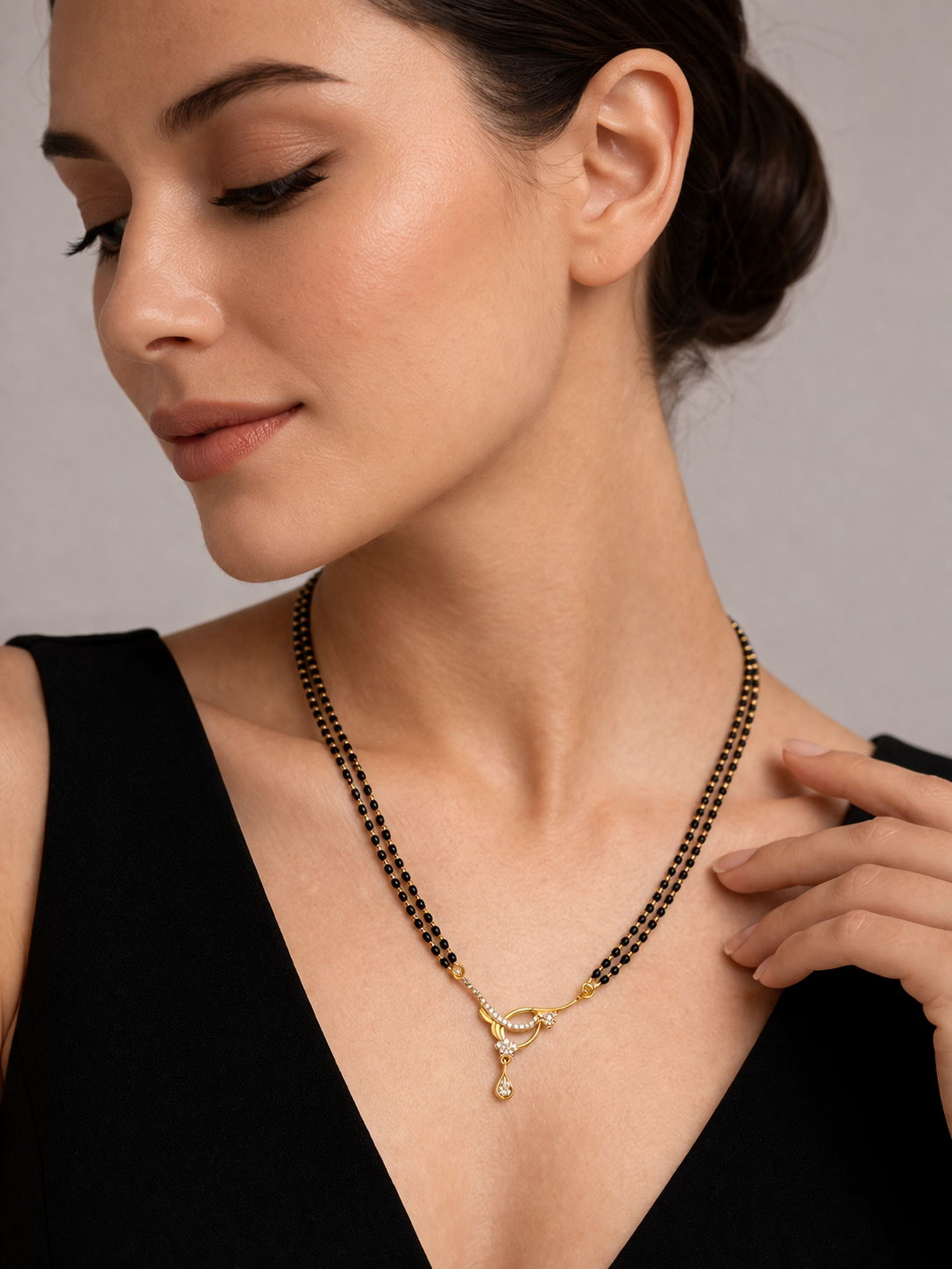 Gold-Plated Double Line Mangalsutra with American Diamond Pendant for Women