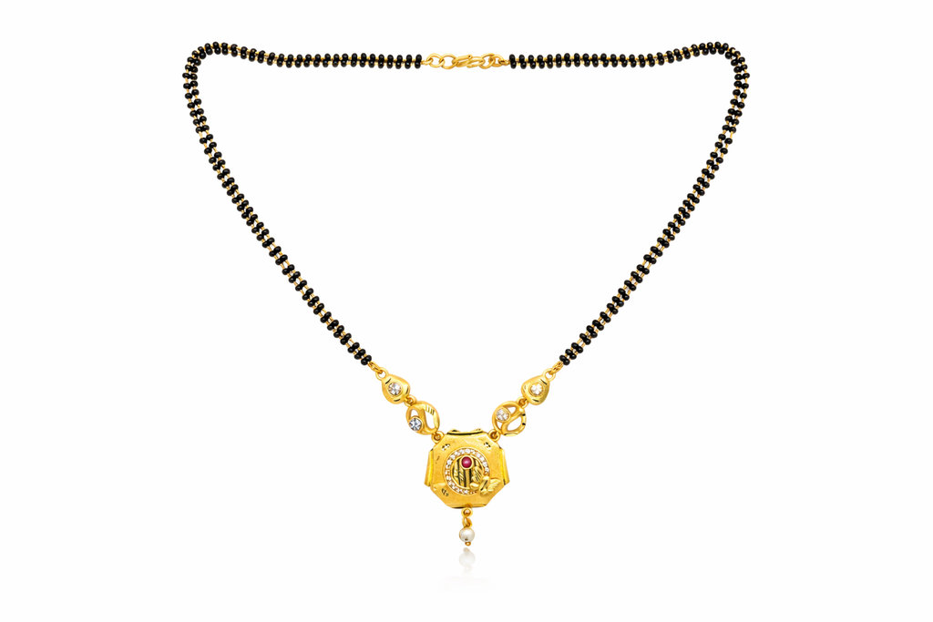 Gold-Plated Traditional Mangalsutra with American Diamonds, Black Beads and Pearl Drop for Women