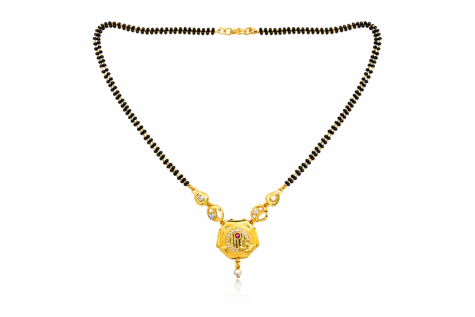 Gold-Plated Traditional Mangalsutra with American Diamonds, Black Beads and Pearl Drop for Women