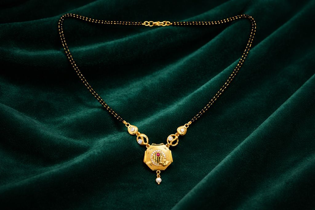 Gold-Plated Traditional Mangalsutra with American Diamonds, Black Beads and Pearl Drop for Women