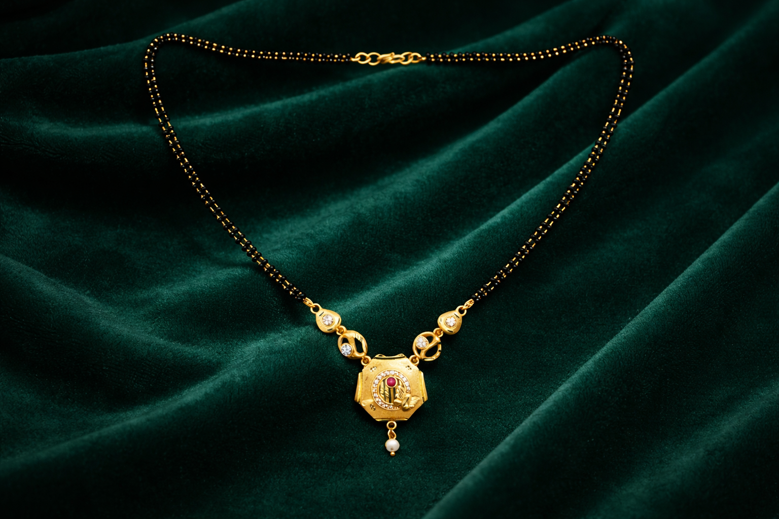 Gold-Plated Traditional Mangalsutra with American Diamonds, Black Beads and Pearl Drop for Women