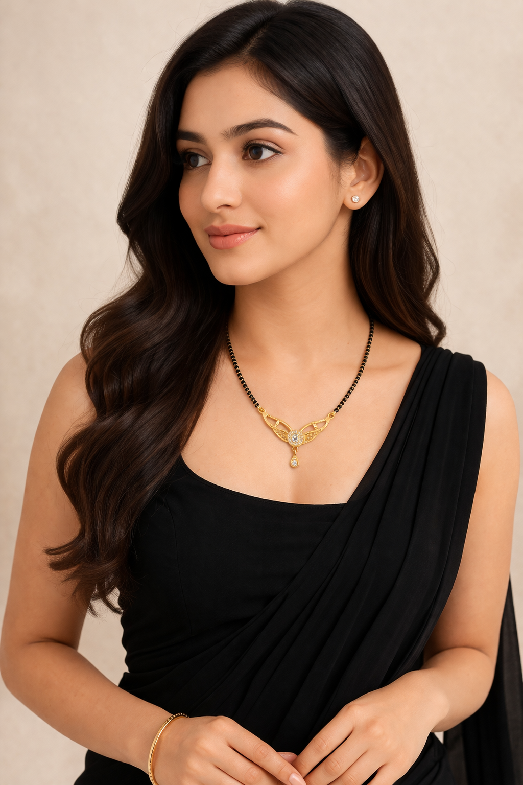 Gold-Plated CZ Mangalsutra with Round Solitaire Pendant and Teardrop Charm for Women