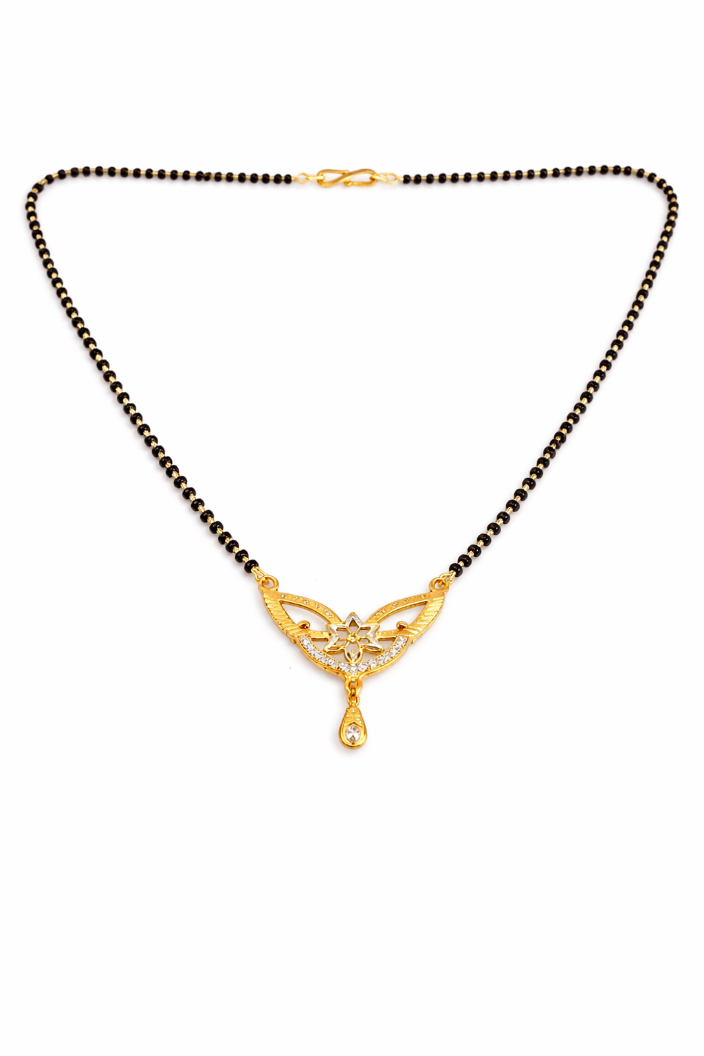 Gold-Plated Floral CZ Mangalsutra with Teardrop Pendant for Women
