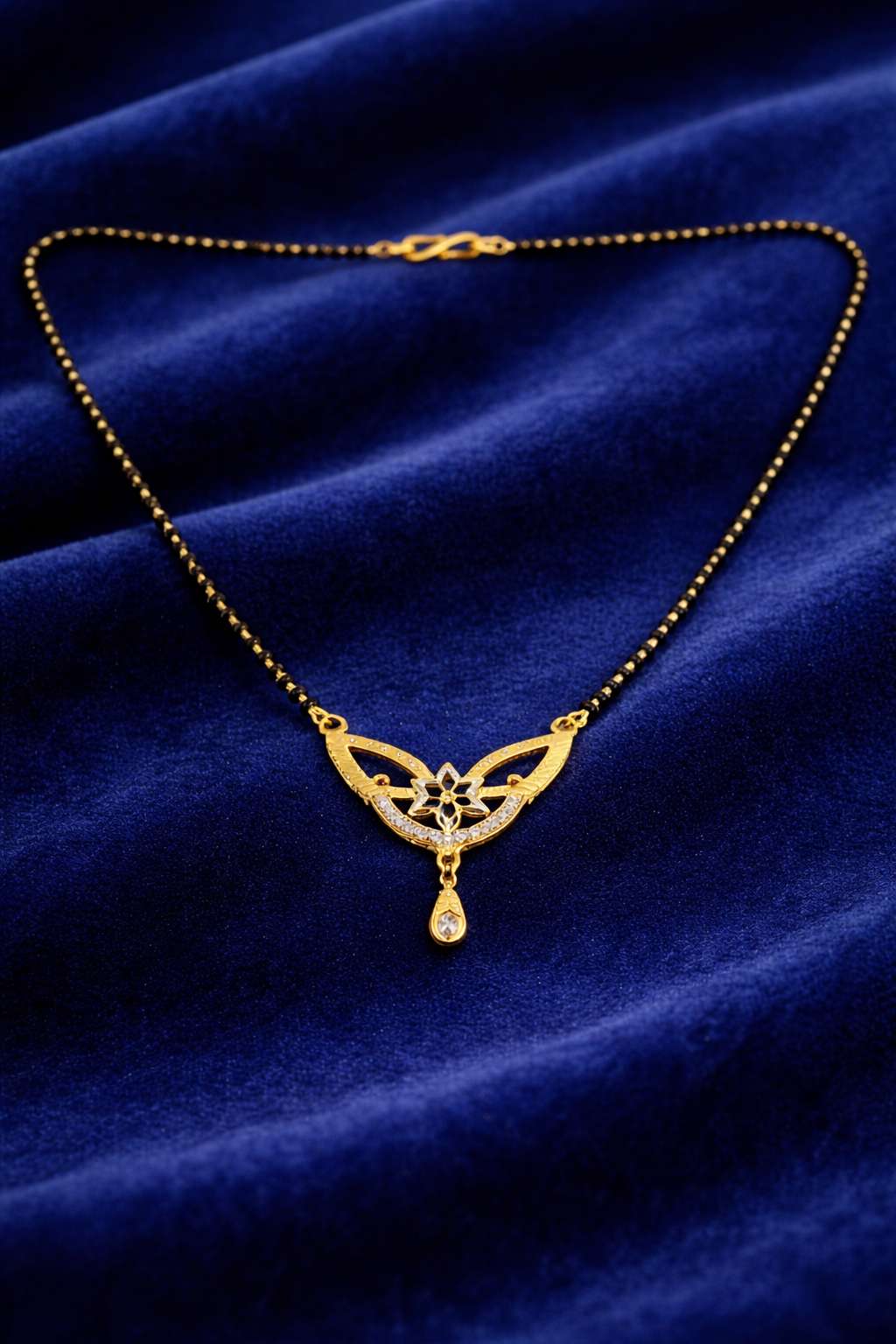 Gold-Plated Floral CZ Mangalsutra with Teardrop Pendant for Women