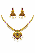 Traditional Gold Tone Necklace Set with Peacock Motif Design