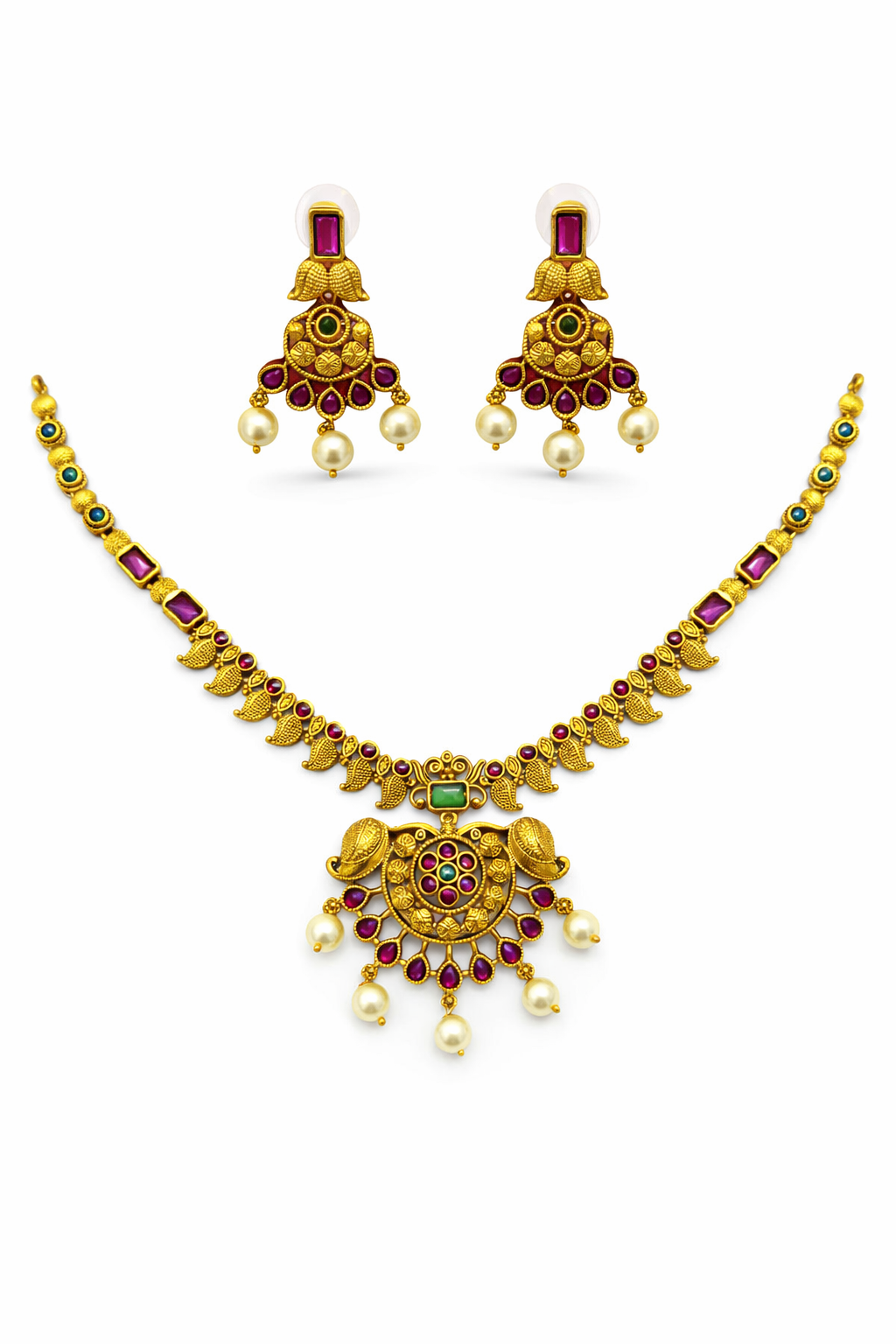 Traditional Gold Tone Necklace Set with Peacock Motif Design