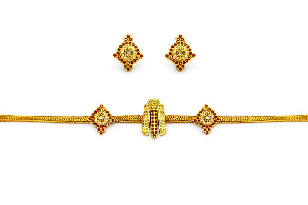 Traditional Gold Short Necklace Set with Stud Earrings
