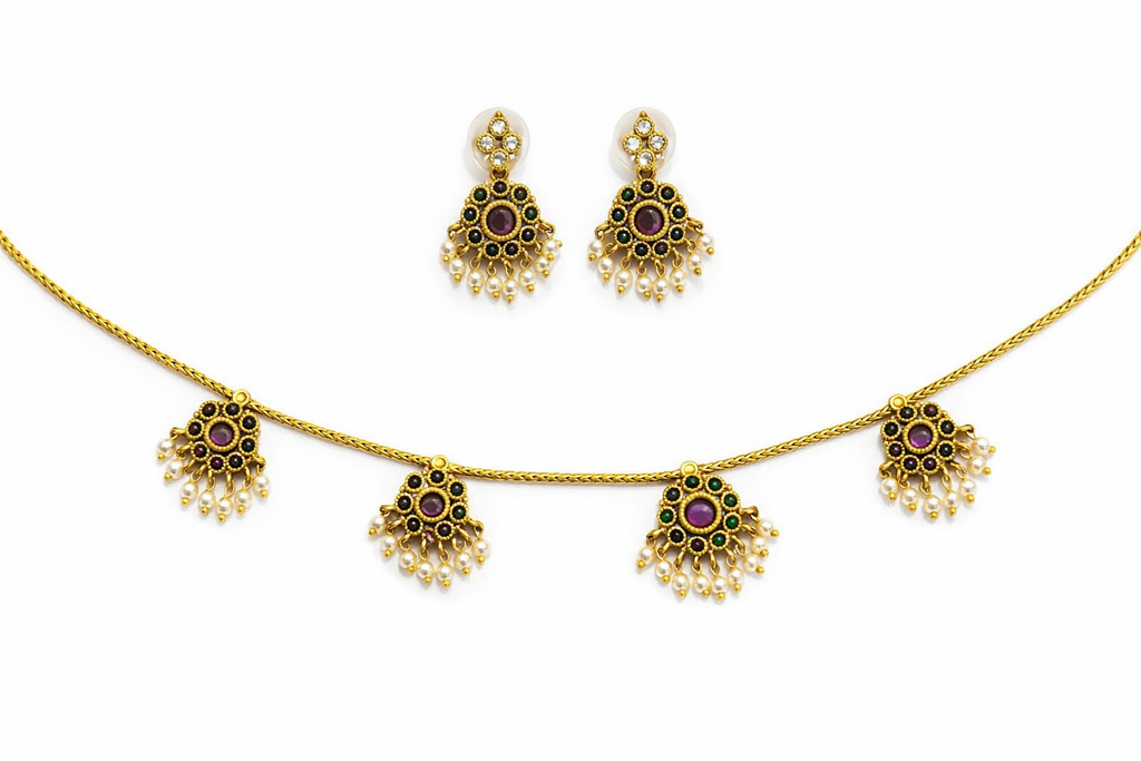 Traditional Gold Chain Necklace Set with Multicolor Motifs