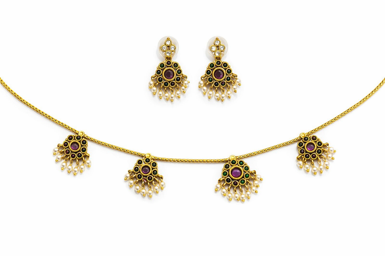 Traditional Gold Chain Necklace Set with Multicolor Motifs
