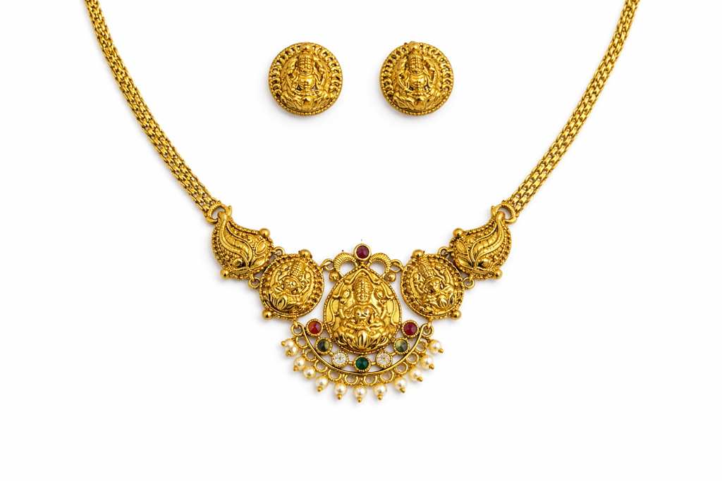 Temple Design Short Necklace Set with Goddess Motif