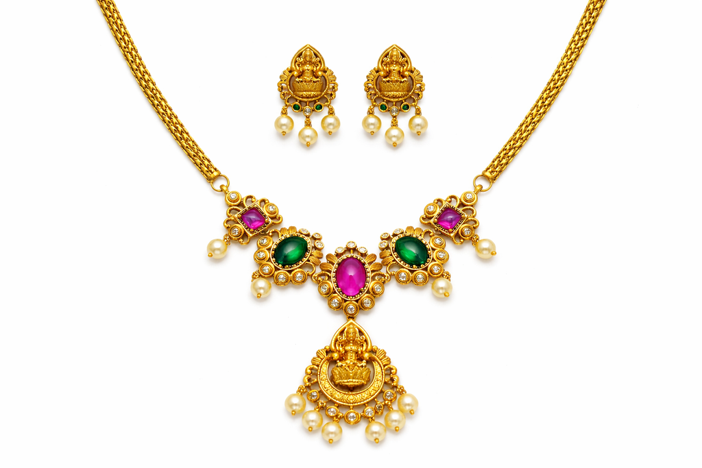 Lakshmi Pendant Necklace Set with Ruby Green Stones and Pearls