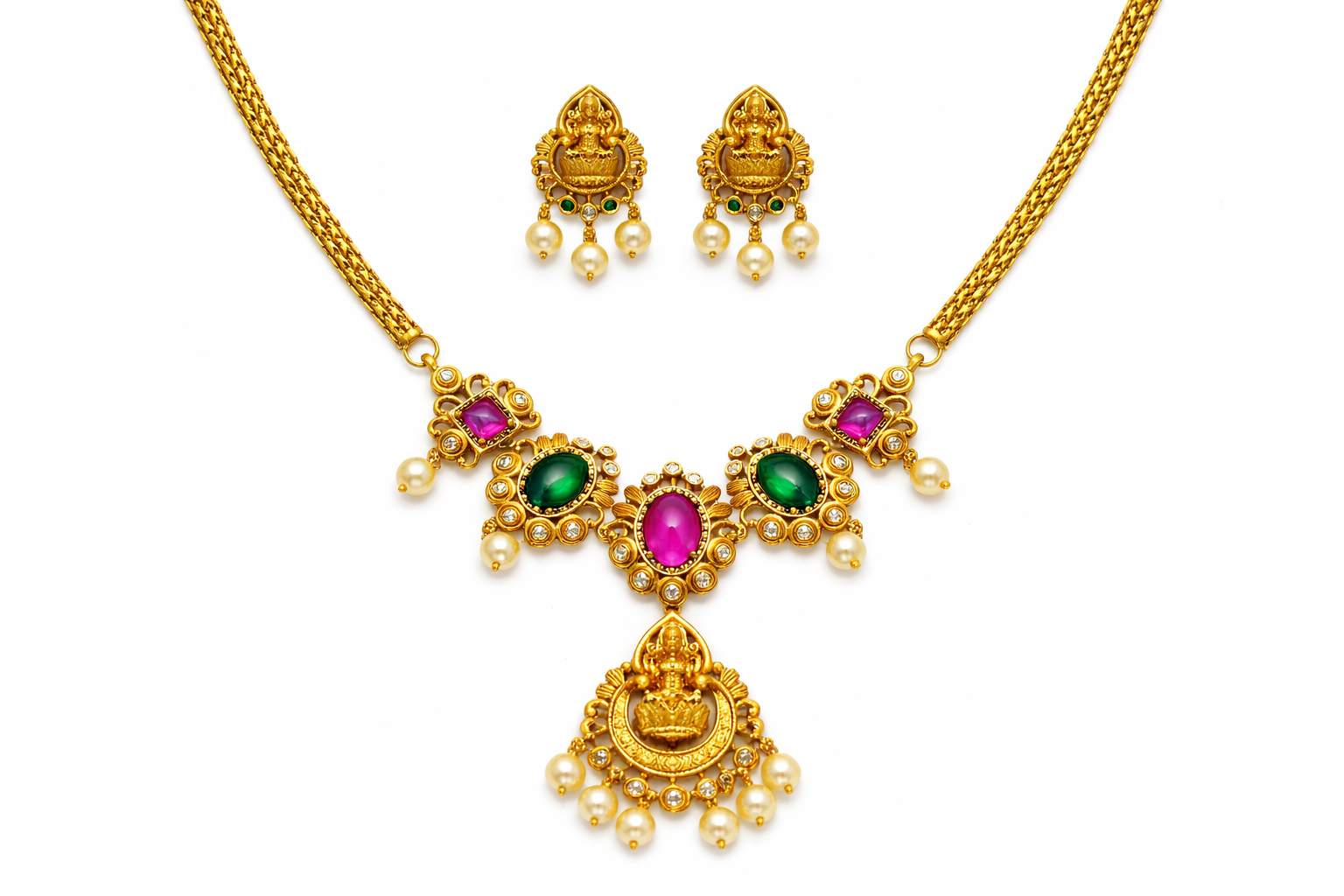 Lakshmi Pendant Necklace Set with Ruby Green Stones and Pearls