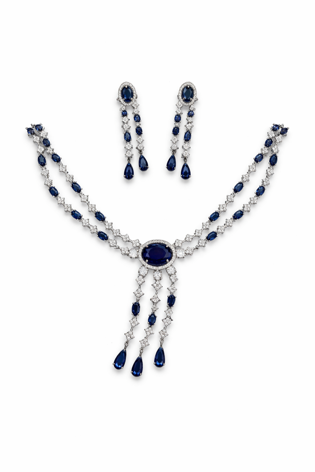 Royal Blue Stone Necklace Set with Long Drop Earrings