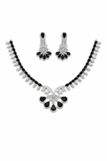 Designer Black Crystal Necklace Set with Leaf Pattern Chain