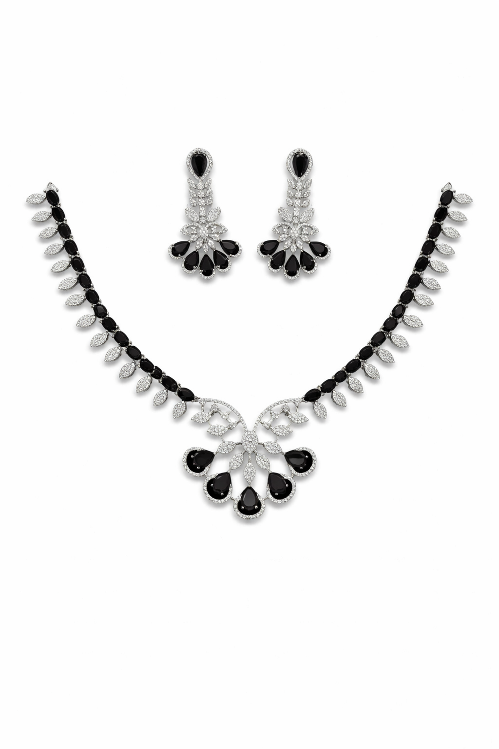 Designer Black Crystal Necklace Set with Leaf Pattern Chain
