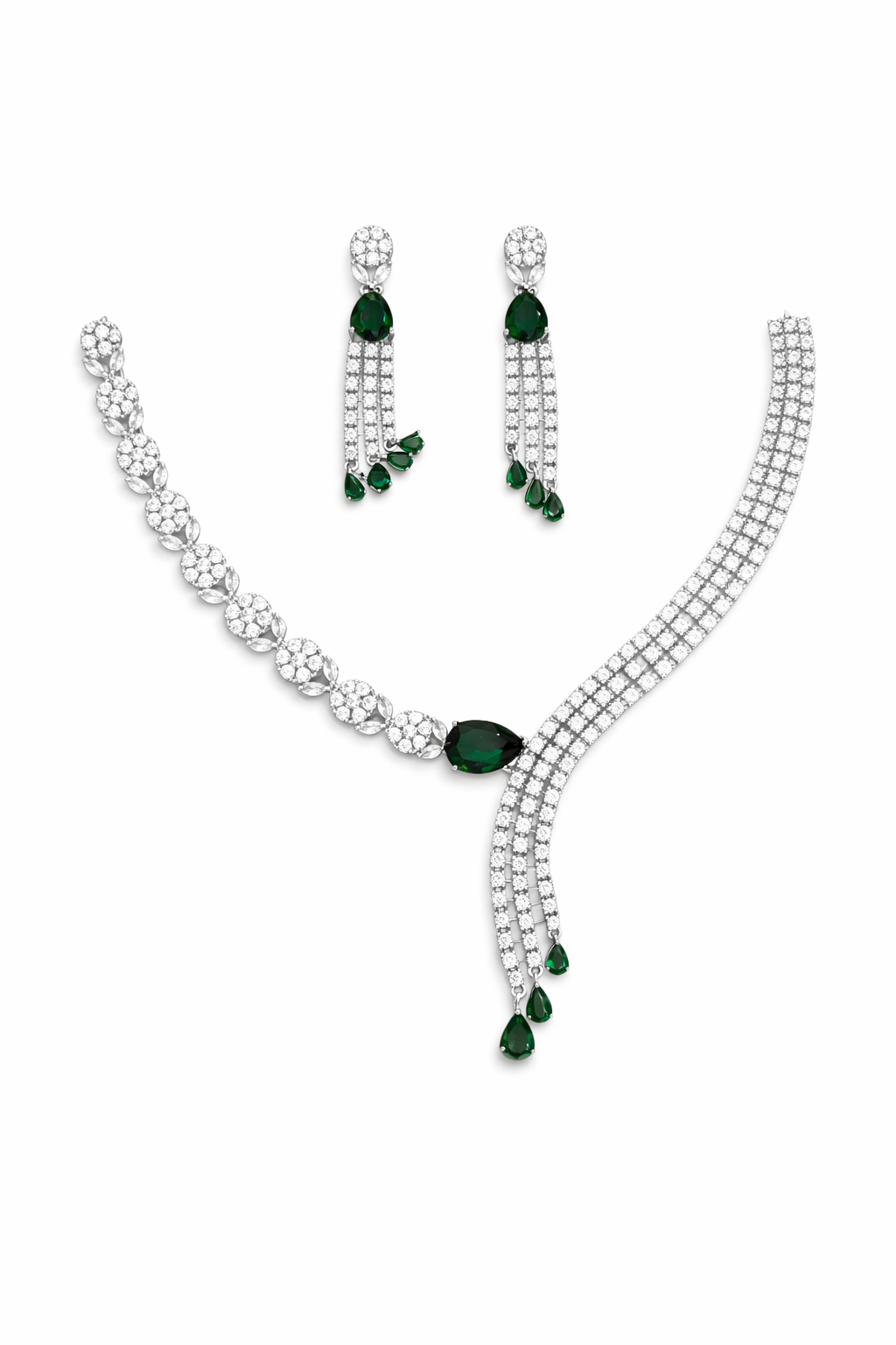 Emerald Tone Statement Necklace Set with Layered Tassel Design