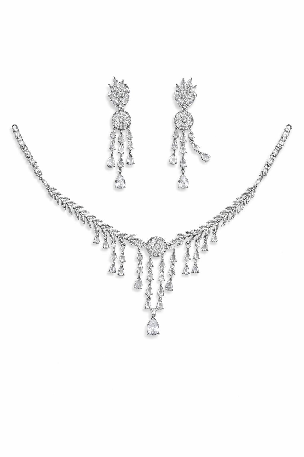 Silver Crystal Leaf Necklace Set with Tassel Drop Earrings