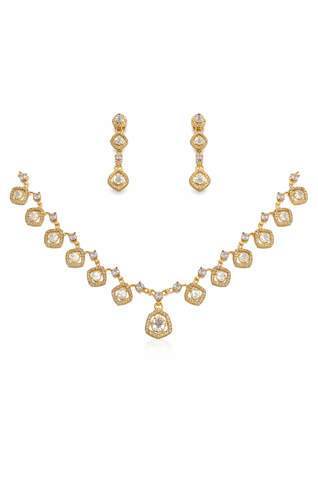 Elegant Gold Tone Necklace Set with Cushion Cut Crystal Design