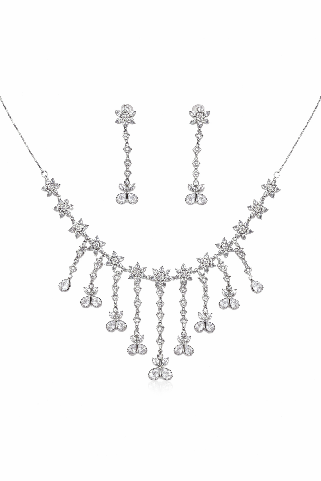 Silver Crystal Butterfly Necklace Set with Long Drop Earrings