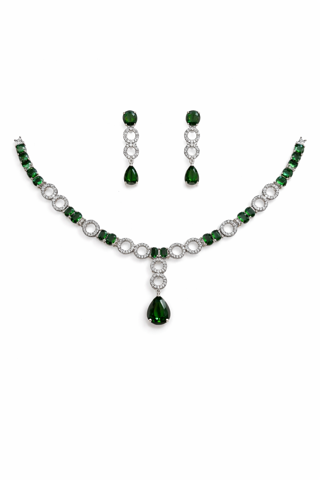 Green Stone Necklace Set with Circular Crystal Link Design