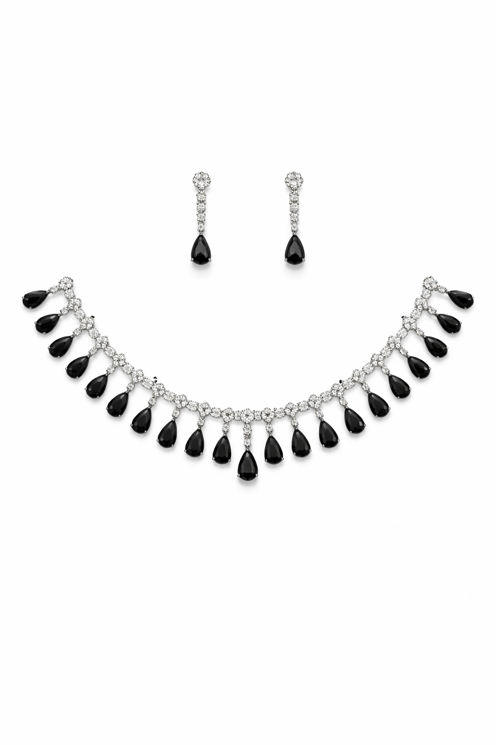 Black Teardrop Necklace Set with Crystal Fringe Design