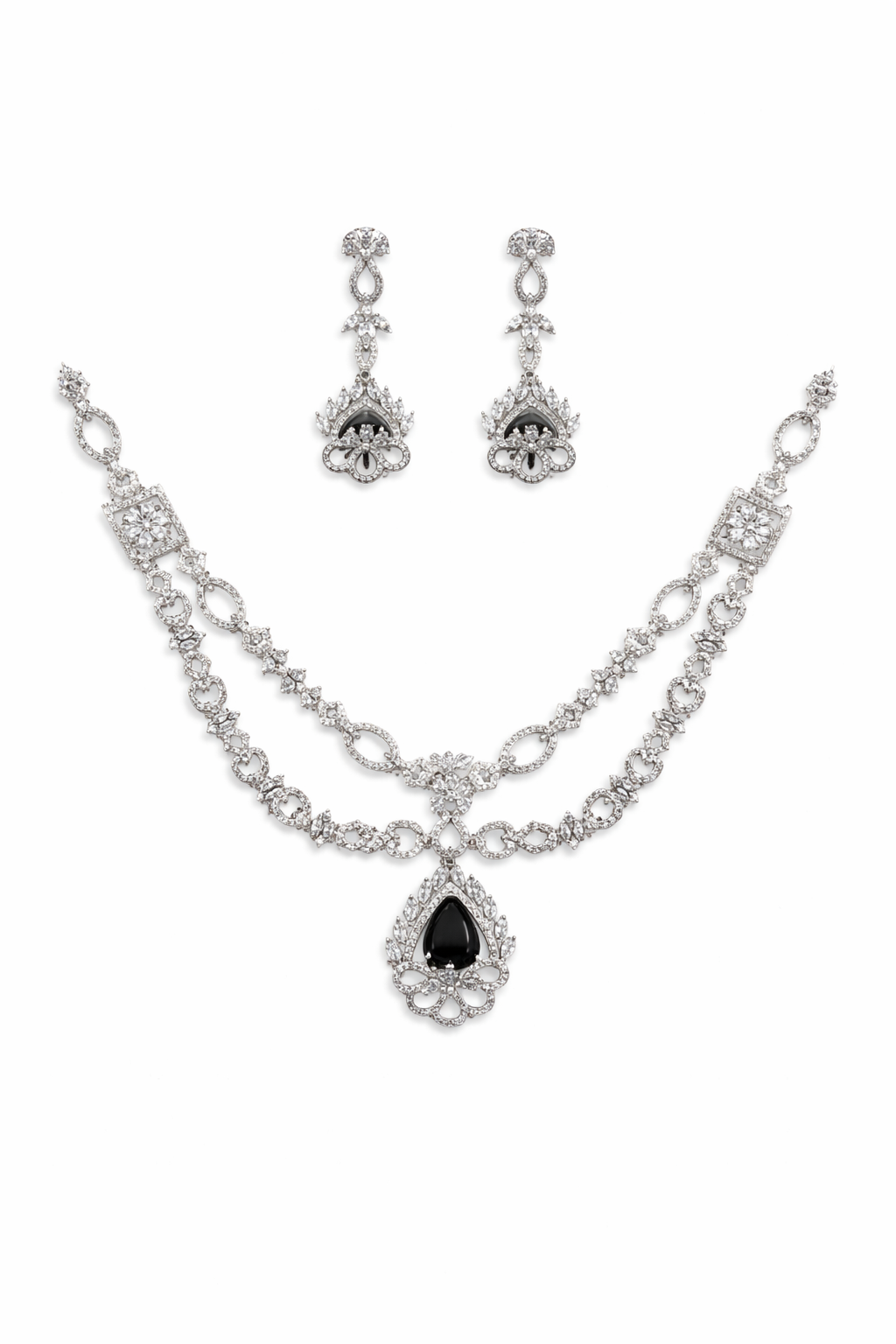 Black Stone Dual Layer Necklace Set with Designer Pendant
