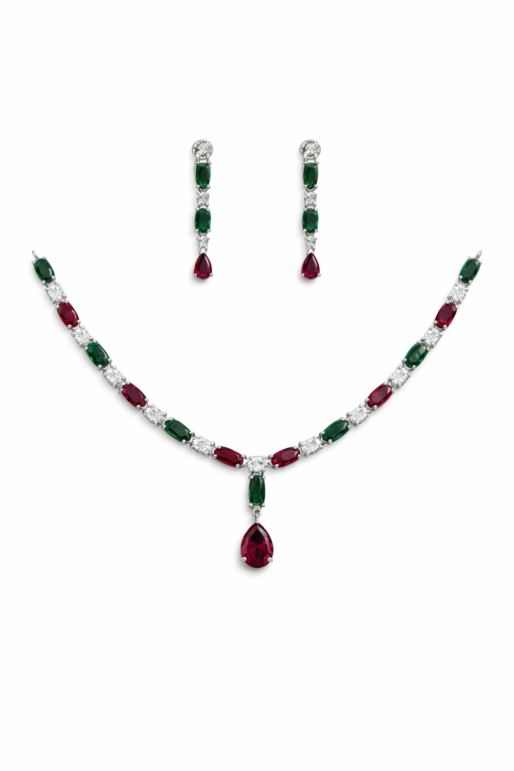 Red and Green Stone Necklace Set with Teardrop Pendant