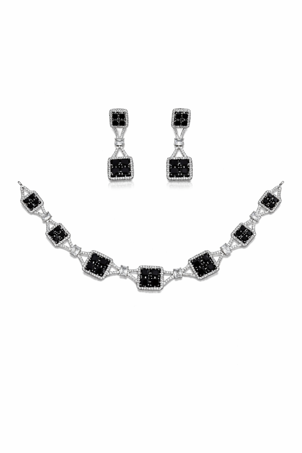 Black Stone Geometric Necklace Set with Square Crystal Design