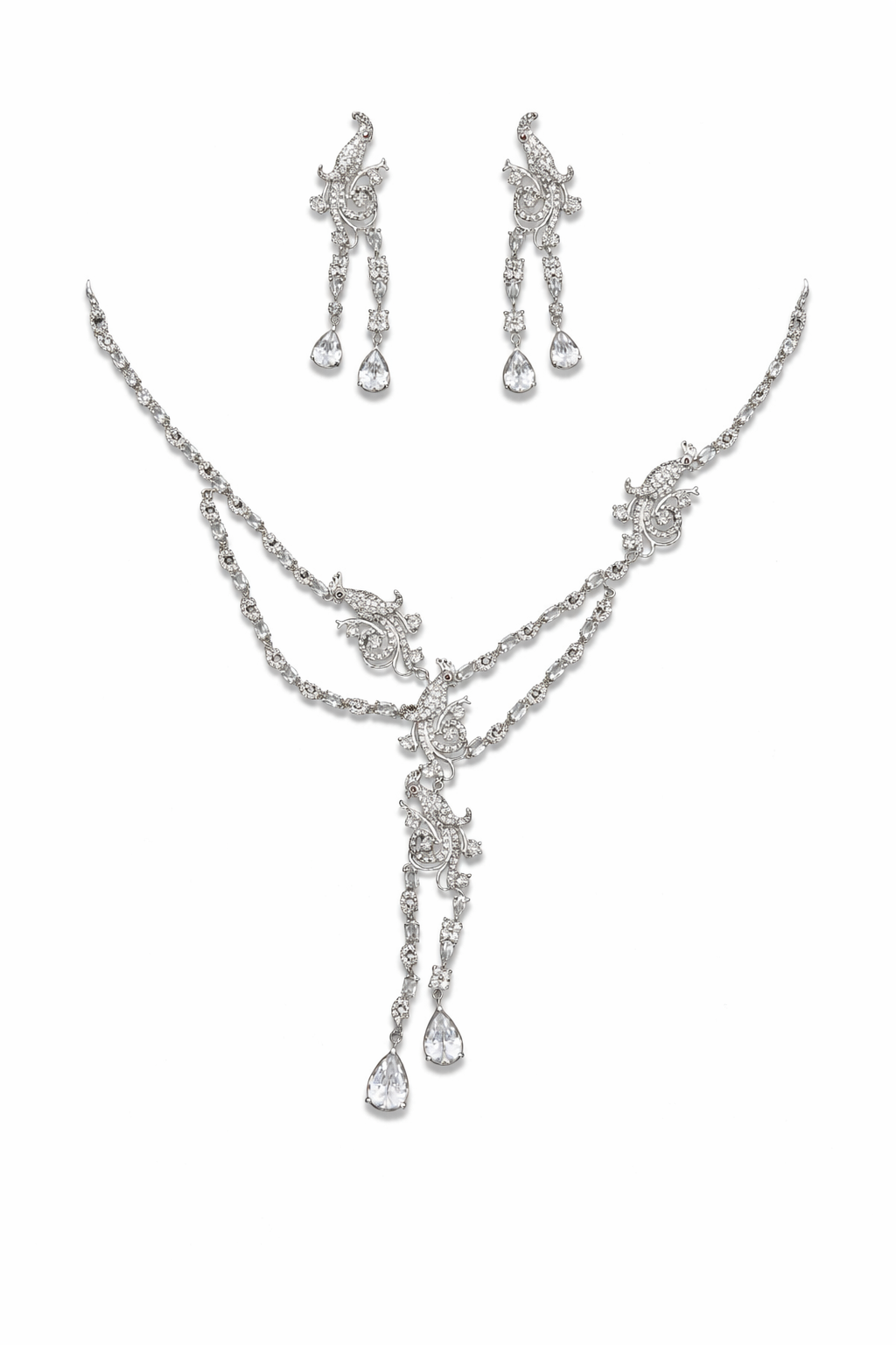Silver Peacock Design Necklace Set with Long Drop Earrings