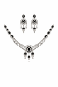 Black Stone Floral Necklace Set with Statement Drop Earrings