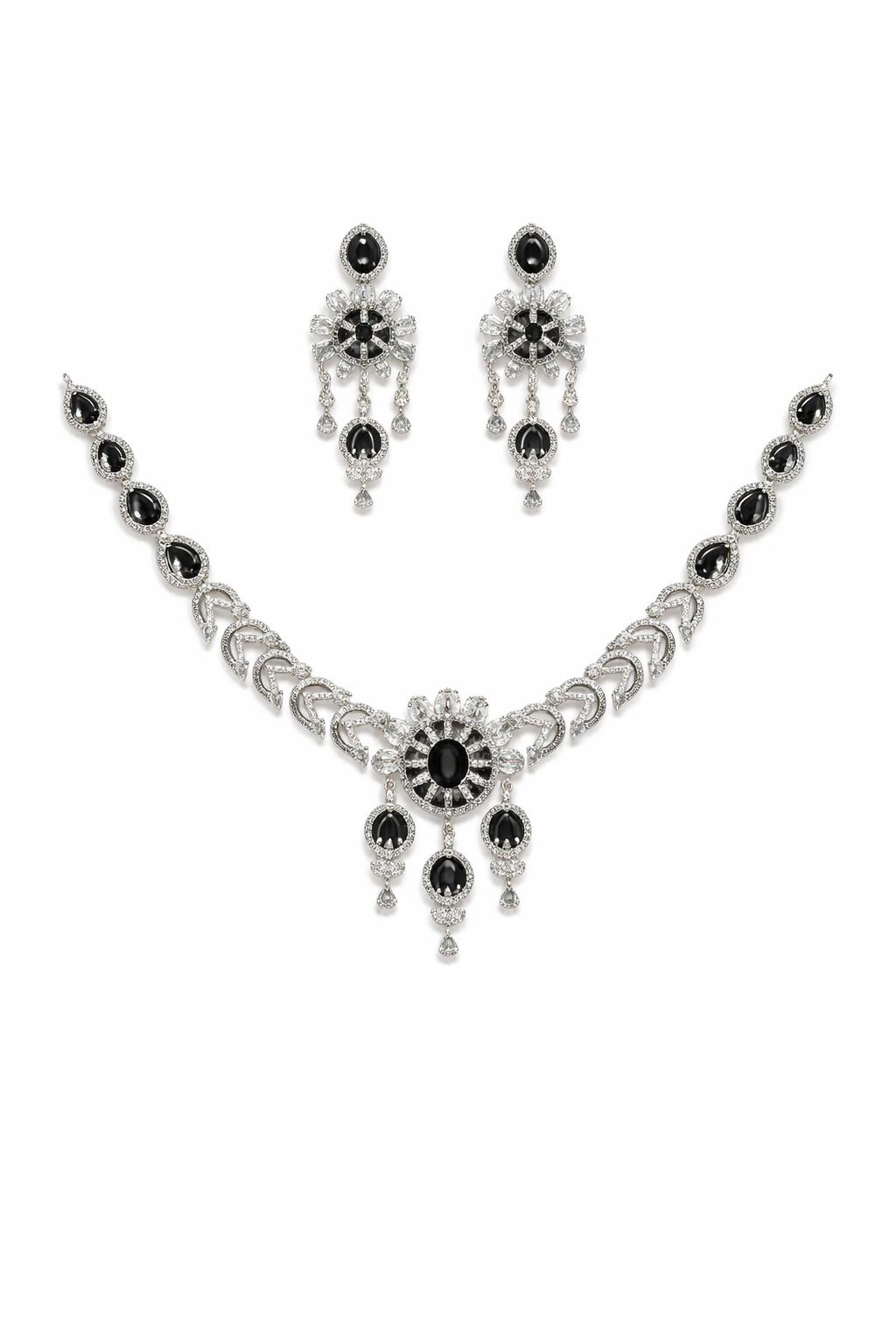 Black Stone Floral Necklace Set with Statement Drop Earrings