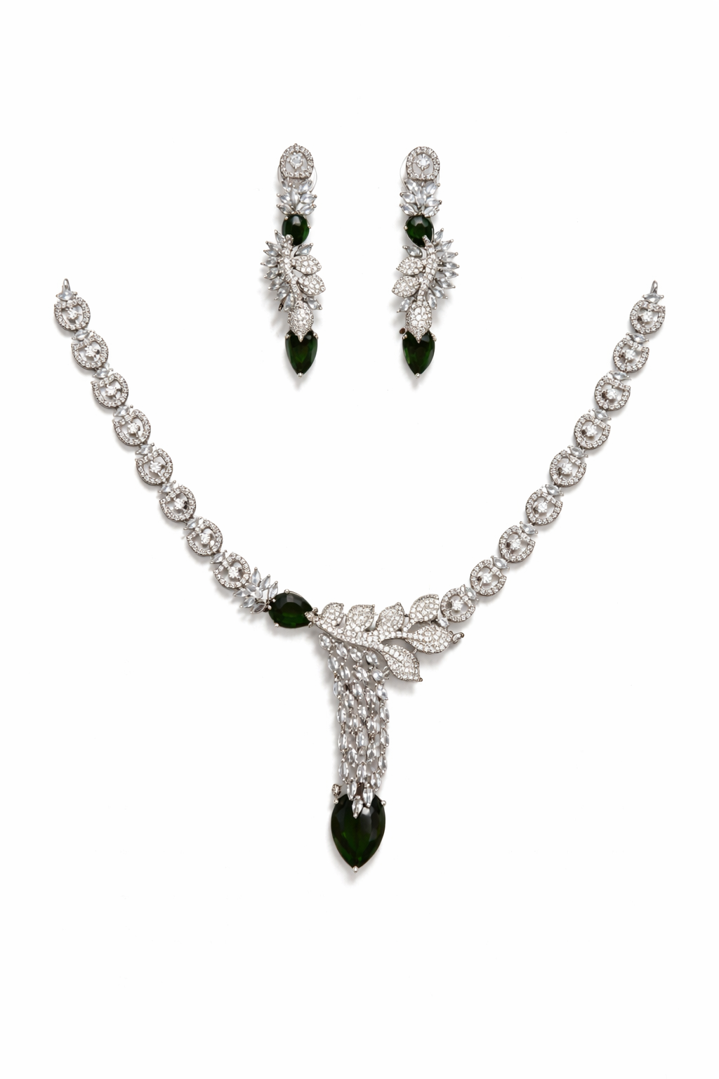 Blue Stone Necklace Set with Leaf Chain and Tassel Drops